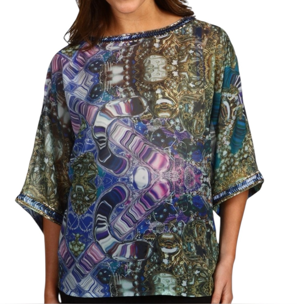 Ted Baker Kilop Jewel Print Sheer Beaded Trim Top Blouse Womens Size 3/ US 8